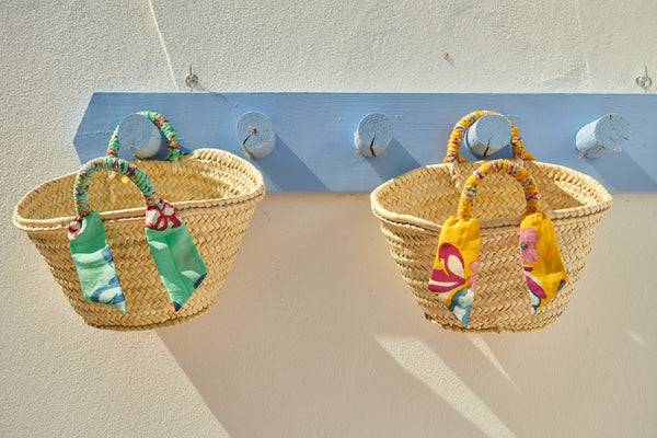 Straw market bag with wrapped handles-Aqua