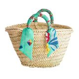 Straw market bag with wrapped handles-Aqua