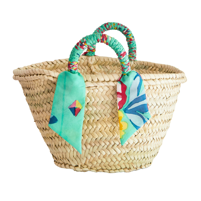 Straw market bag with wrapped handles-Aqua