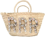 Glass Crystal Monogram Straw Market Bag- 3 Letters