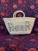 Glass Crystal Monogram Straw Market Bag- 2 Letters