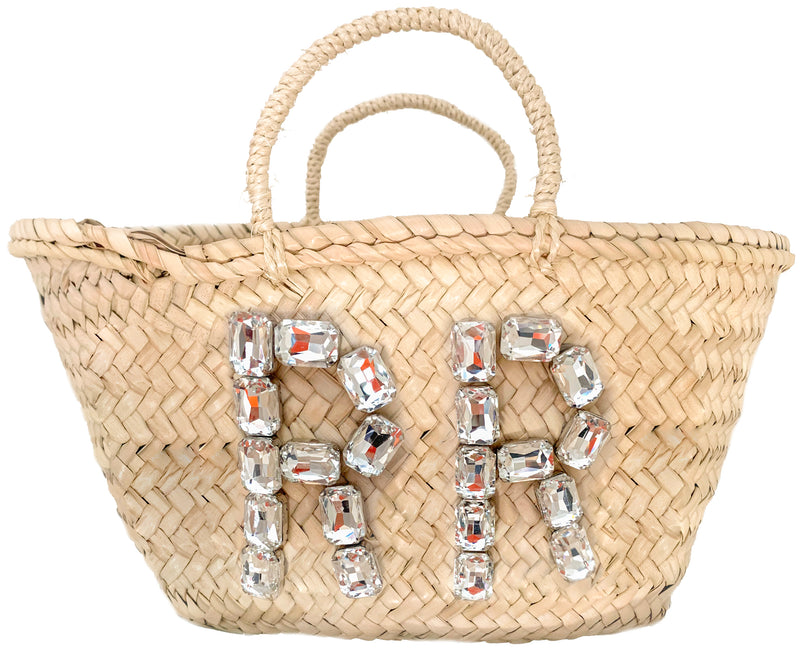 Glass Crystal Monogram Straw Market Bag- 2 Letters