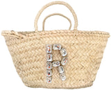 Glass Crystal Monogram Straw Market Bag- 1 Letters